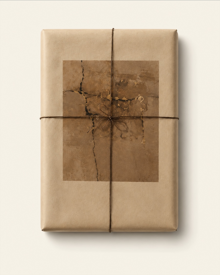 Een ingepakt werk in bruin papier met touw, van bovenaf