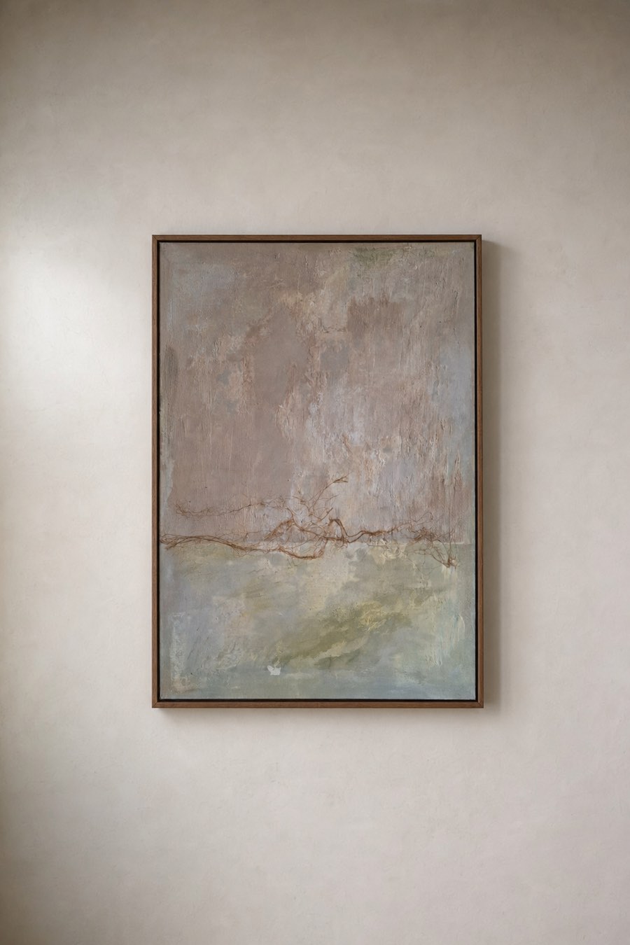 Vroeg licht, Acrylic, paper and flax on linen, Els Schram