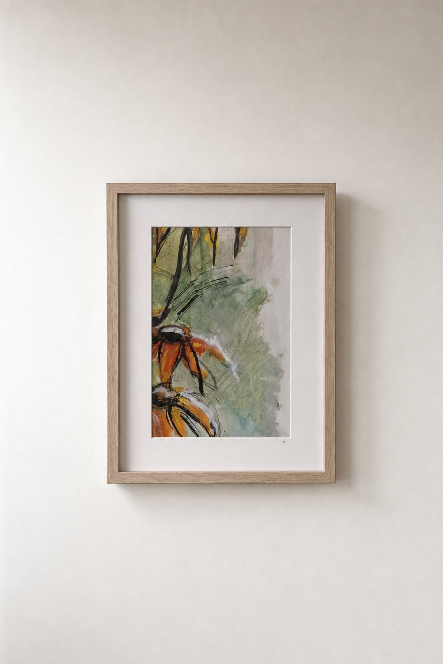 Zonnebloemen I, Linen, acrylic and ink, Els Schram